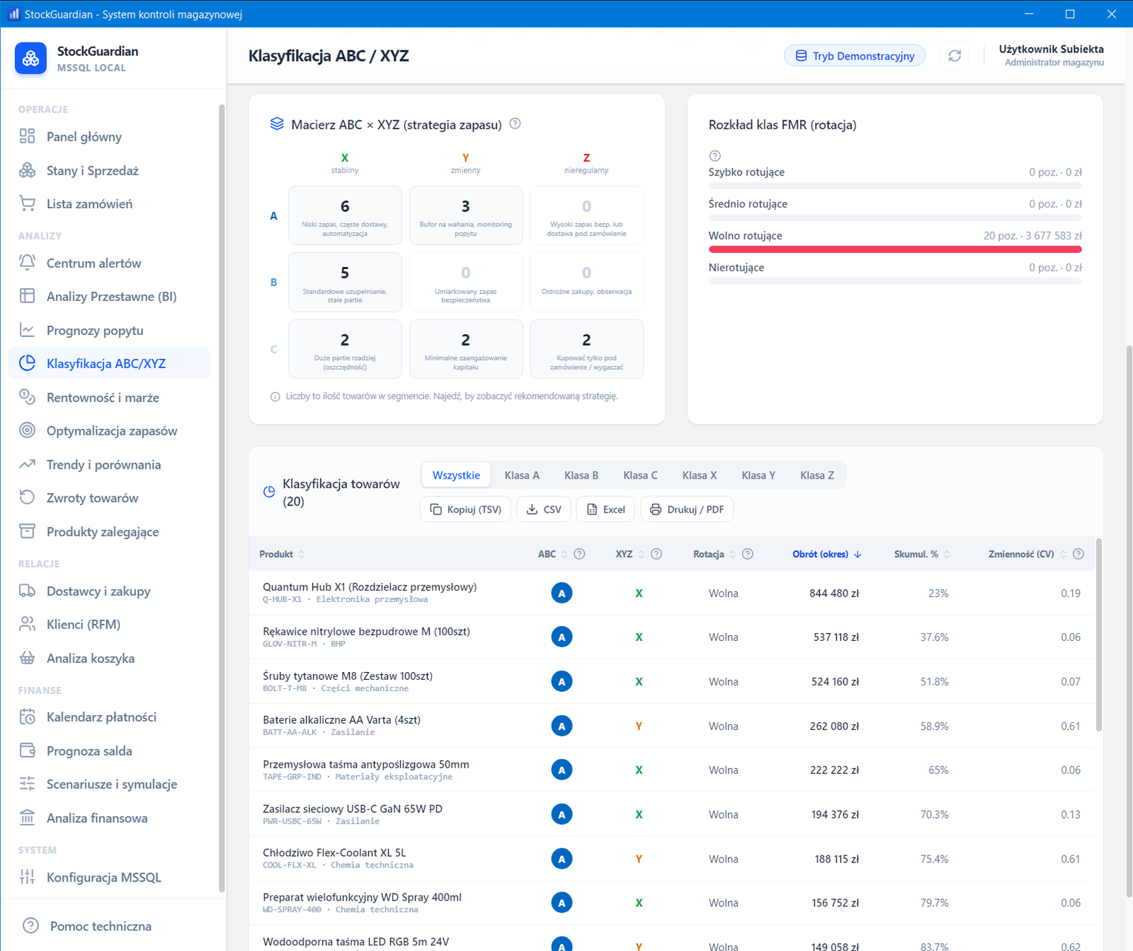Klasyfikacja ABC / XYZ — interfejs StockGuardian