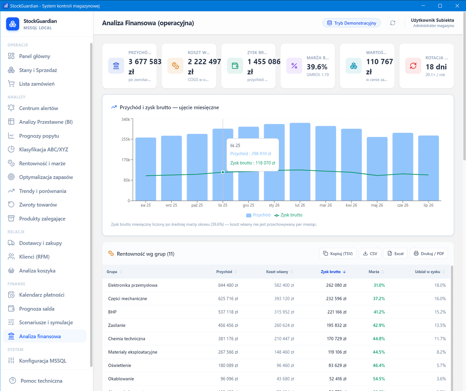 Analiza finansowa — interfejs StockGuardian
