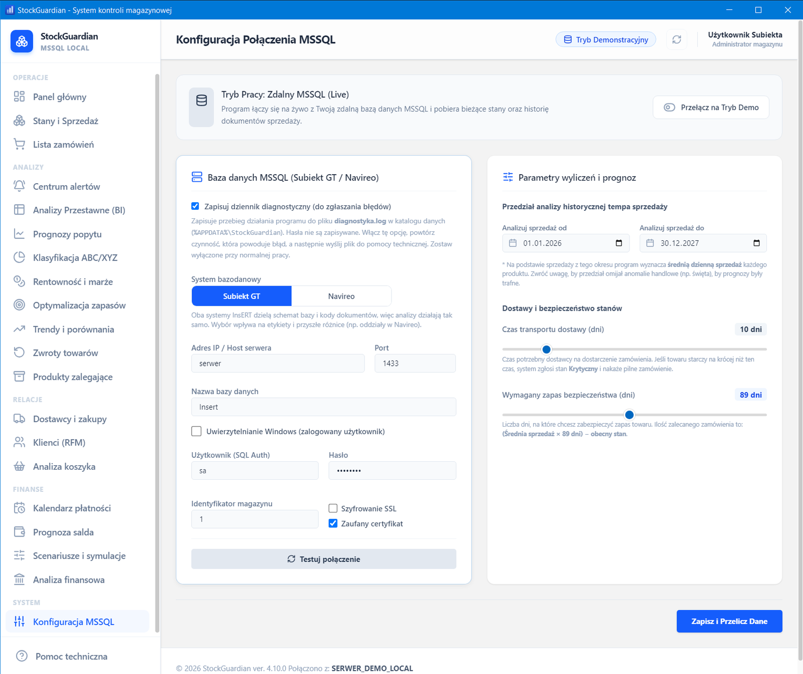 Konfiguracja MSSQL — interfejs StockGuardian