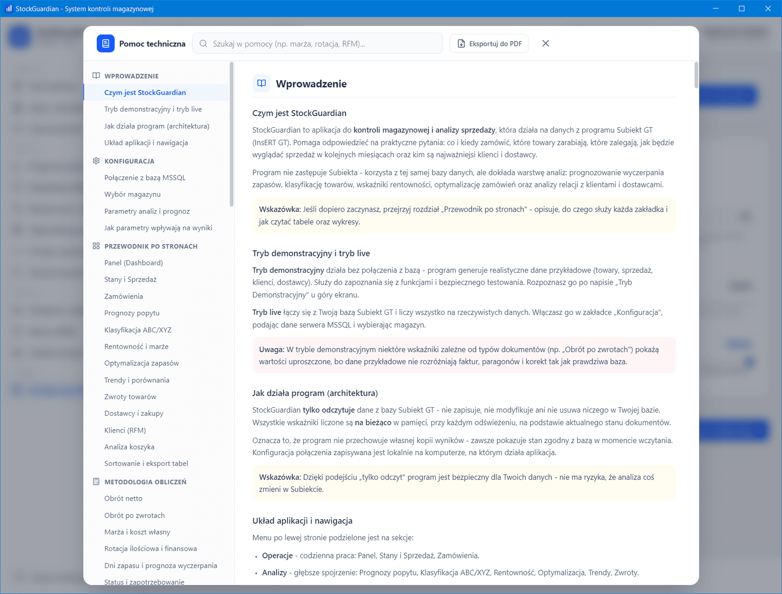 Pomoc i metodologia — interfejs StockGuardian